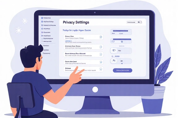 Ilustración de una persona configurando opciones de privacidad en una pantalla de ordenador