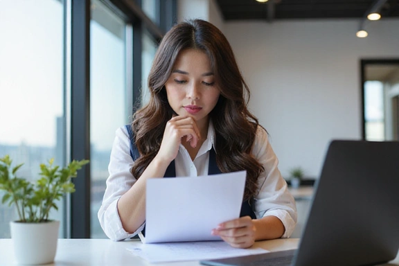 Mujer leyendo un documento legal con un fondo de oficina moderno.